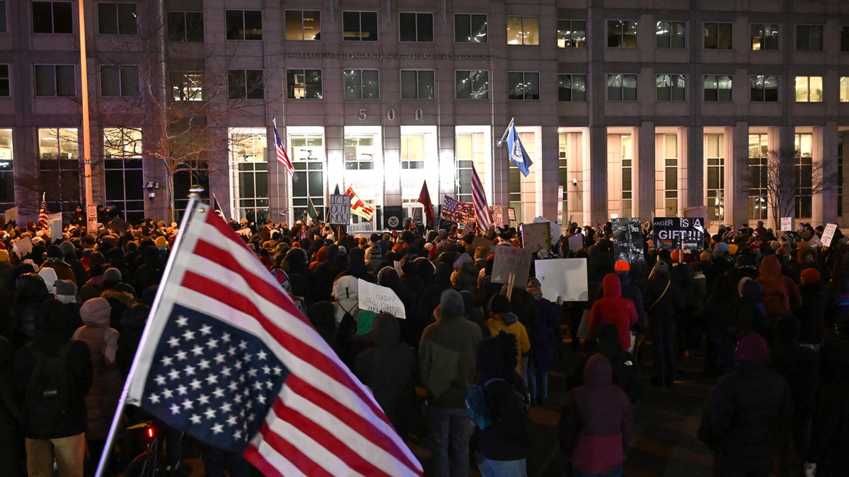 People protesting in front of Immigration and Customs Enforcement headquarters in Washington, D.C.
