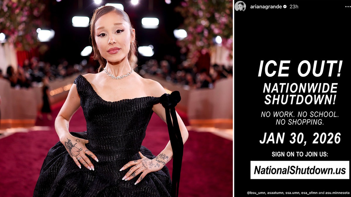 Split photo of Ariana Grande, social media ICE post.