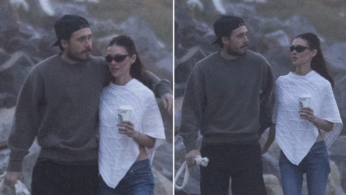split by side of Nicola and Brooklyn Beckham taking a walk on the beach.