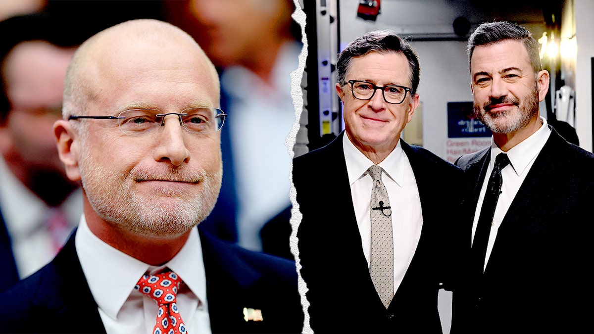 FCC Chair Brendan Carr, Stephen Colbert and Jimmy Kimmel