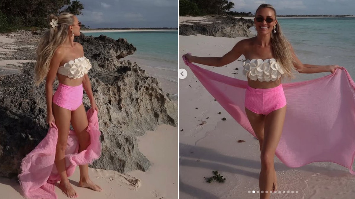 Brittany shared multiple photos of herself in a white ruffled bikini top and high-waisted pink bottoms.