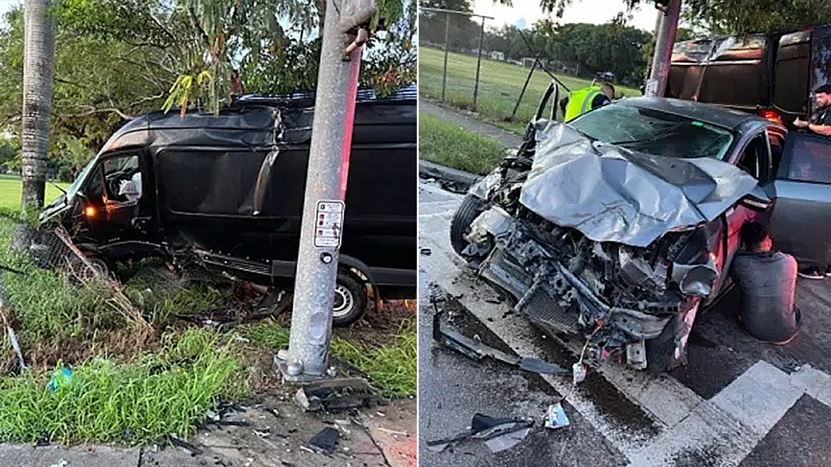 split photo of black van rammed against tree and another severely damaged silver car