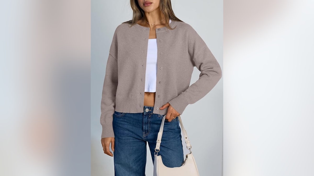This long-sleeve crewneck cardigan is a workwear essential.
