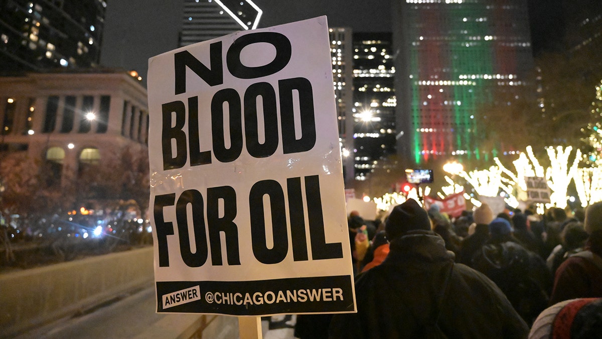 Chicago Venezuela protestor holds sign in crowd at night