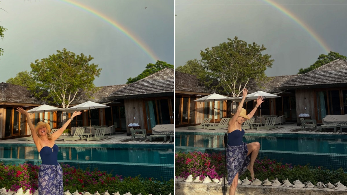 Side by side split of Christie Brinkley beside a pool with her arms raised as a rainbow appears in the sky during a tropical getaway.