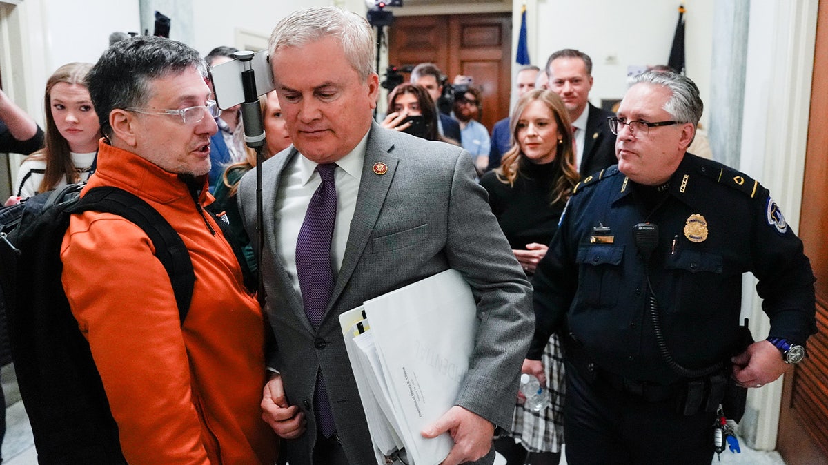 A protester physically comes into contact with James Comer
