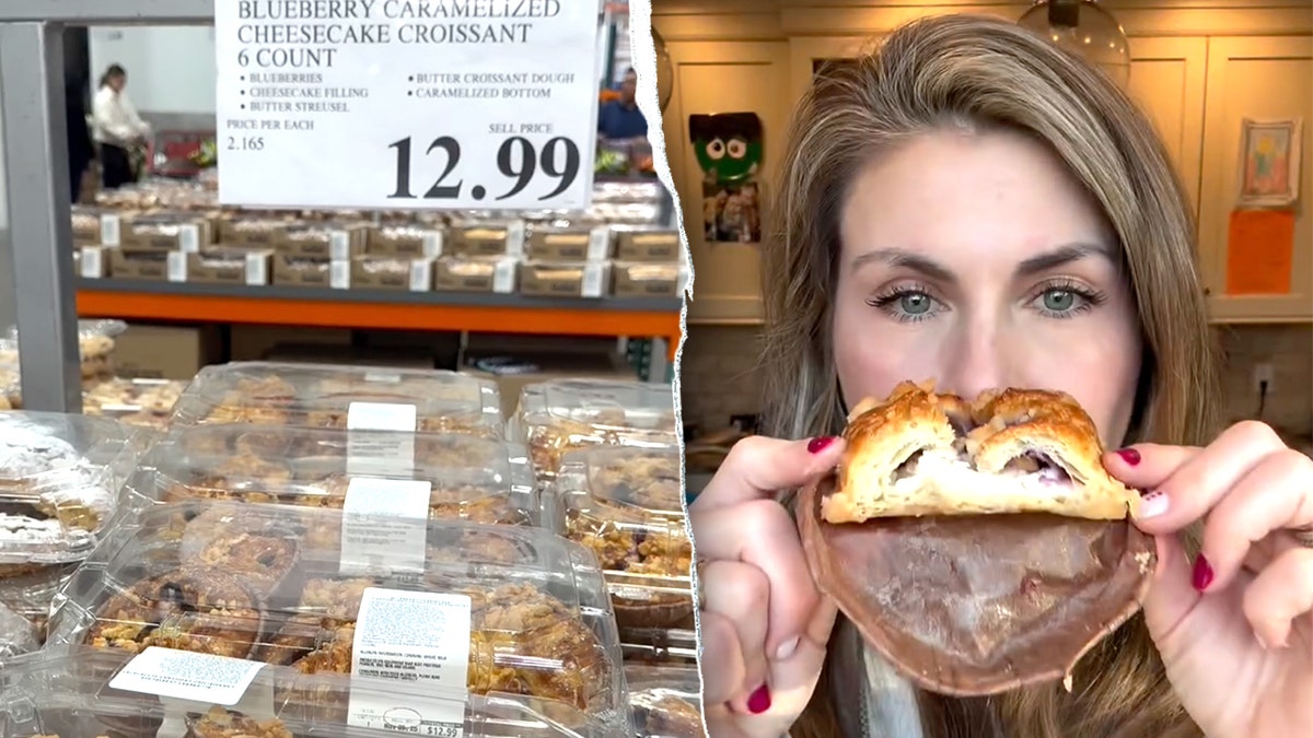 Split image of blueberry croissants, Jacquelyne holding pastry