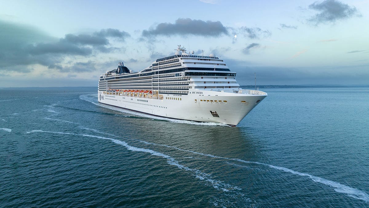 Grande navio de cruzeiro branco navegando em mar aberto sob um céu azul nublado.