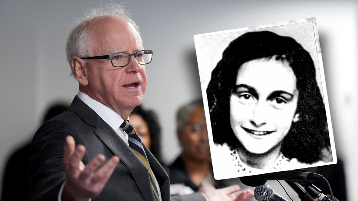 A split photo shows MN Gov. Tim Walz and Anne Frank