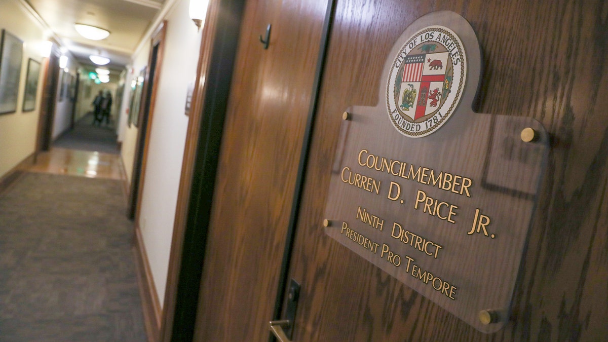 The exterior entrance to a city council office inside Los Angeles City Hall.