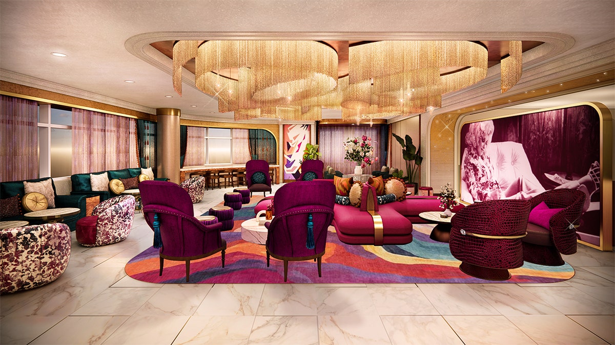 Dolly Parton–inspired luxury hotel lounge with jewel-toned seating, gold chandeliers, and colorful modern decor.