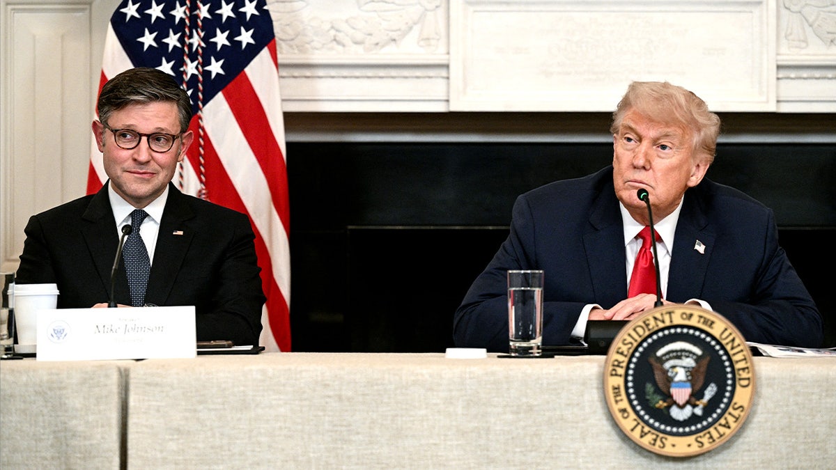 President Donald Trump speaking with Speaker of the House Mike Johnson at White House roundtable