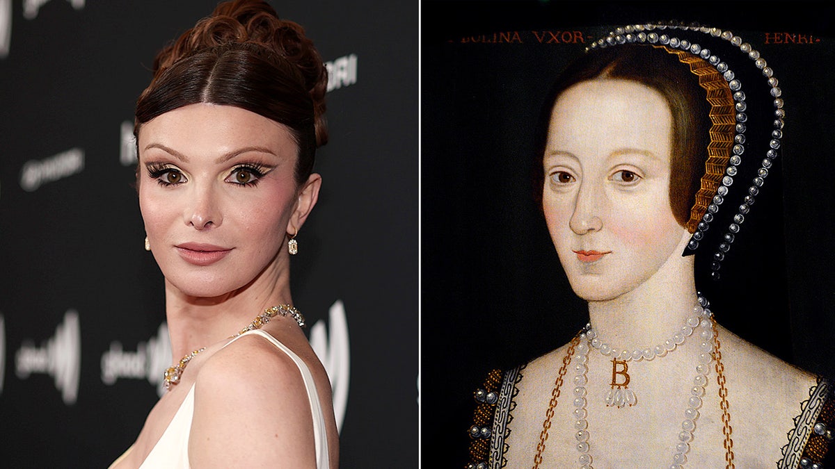 Side-by-side image showing influencer Dylan Mulvaney on the left and a painted 16th century portrait of Anne Boleyn on the right.