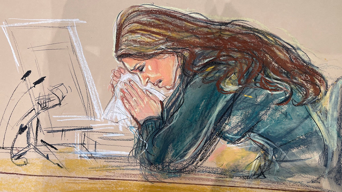 A courtroom sketch of Elizabeth Hurley breaking down in court.