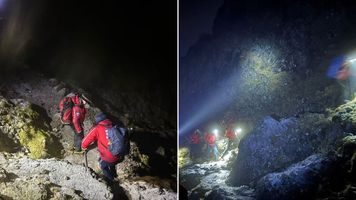 Rescuers with the Wasdale Mountain Rescue Team going up Scafell Pike.