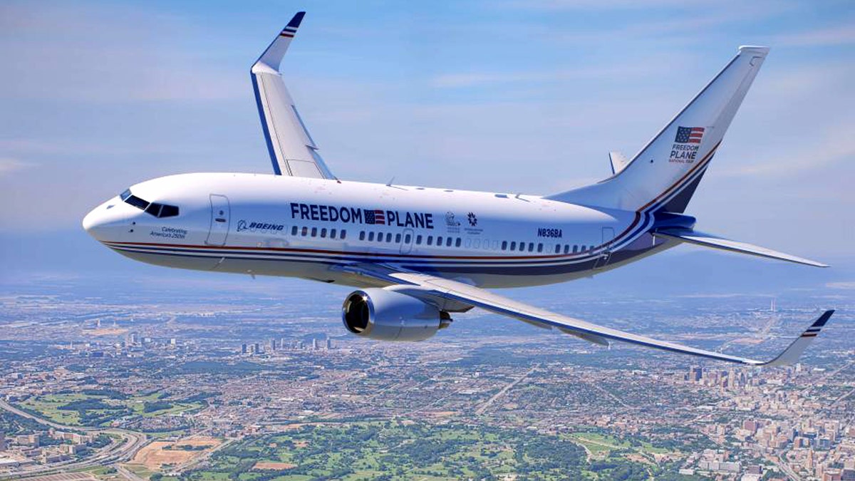 A 3D rendering of a Boeing 737 in Freedom Plane livery, to be used during the 