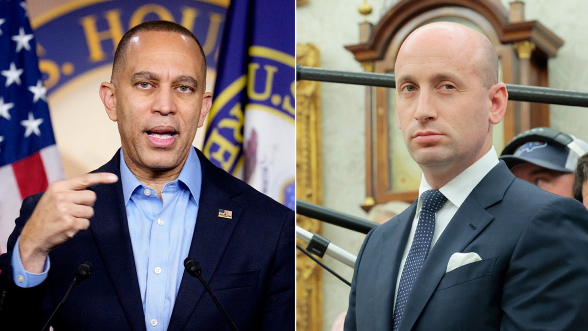 Izquierda: Hakeem Jeffries, líder de la minoría en la Cámara de Representantes; Derecha: Stephen Miller