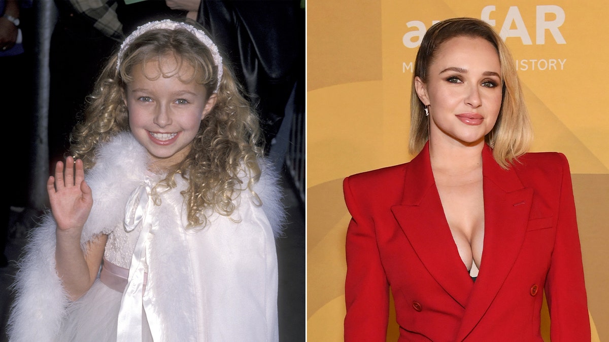 Side by side of Hayden Panettiere as a child and her now from a red carpet.
