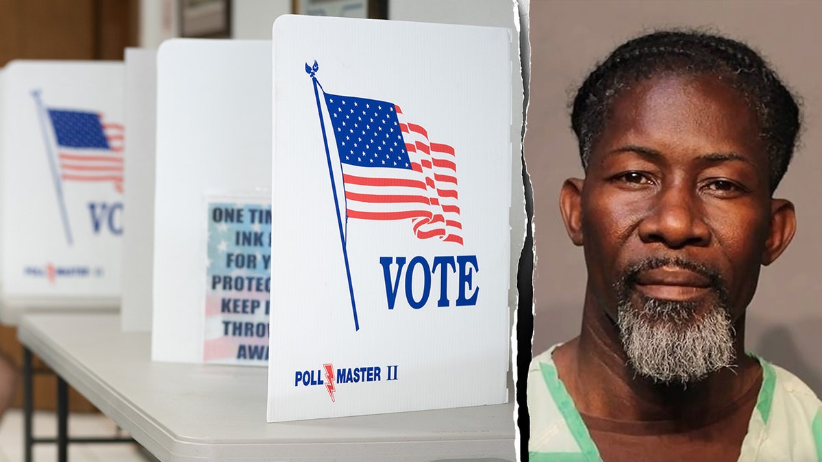 Ian Andre Roberts mugshot alongside a voting booth.