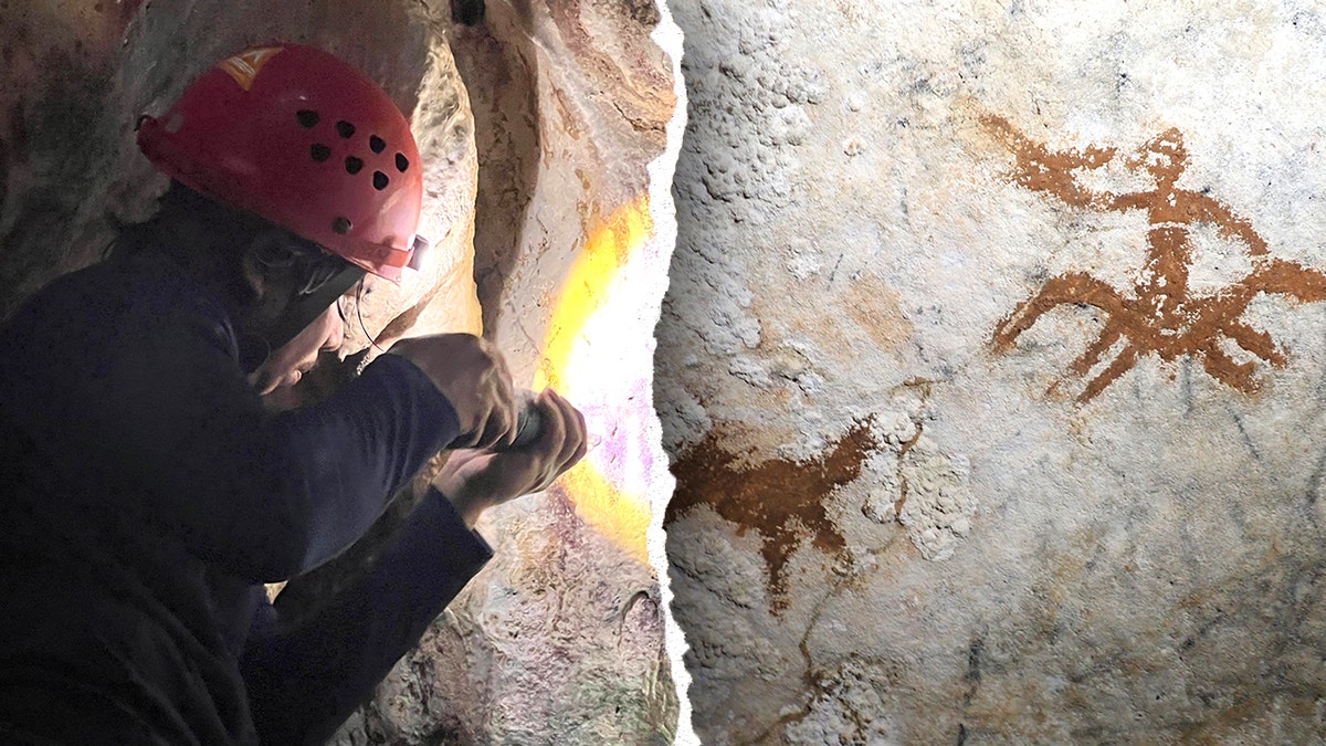 Researcher looking at rock art next to image of cave art