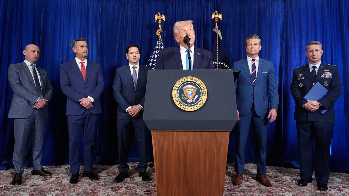 President Donald Trump speaks to the press at Mar-a-Lago.