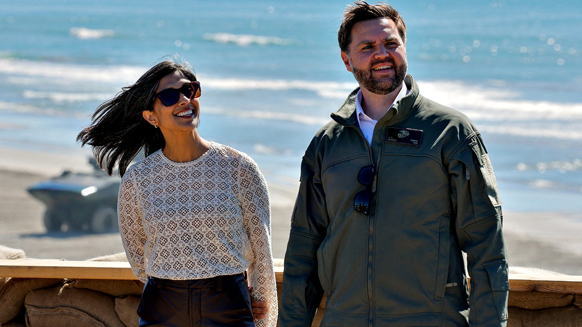 Vice President JD Vance and second lady Usha Vance smiling at Camp Pendleton