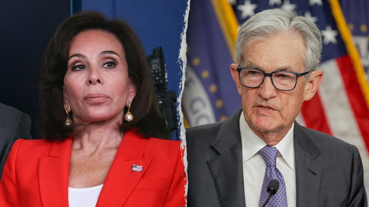 Jeanine Pirro and Jerome Powell in a side-by-side split image