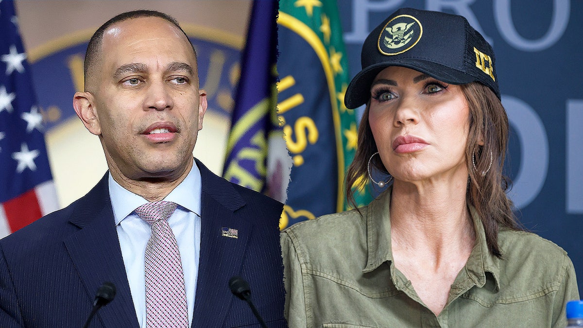 A split image of Hakeem Jeffries and Kristi Noem