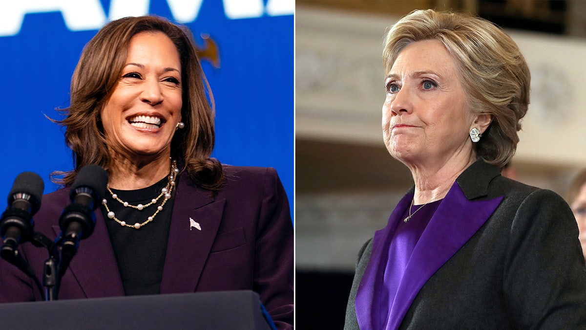 Hillary Clinton appears on the left and Kamala Harris appears on the right in a split image.