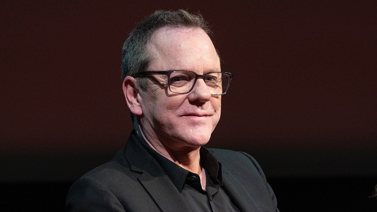 Kiefer Sutherland looks at the camera during a speech at the screening of 'Rabbit Hole' at Spyscape Museum & Experience on March 23, 2023 in New York City.