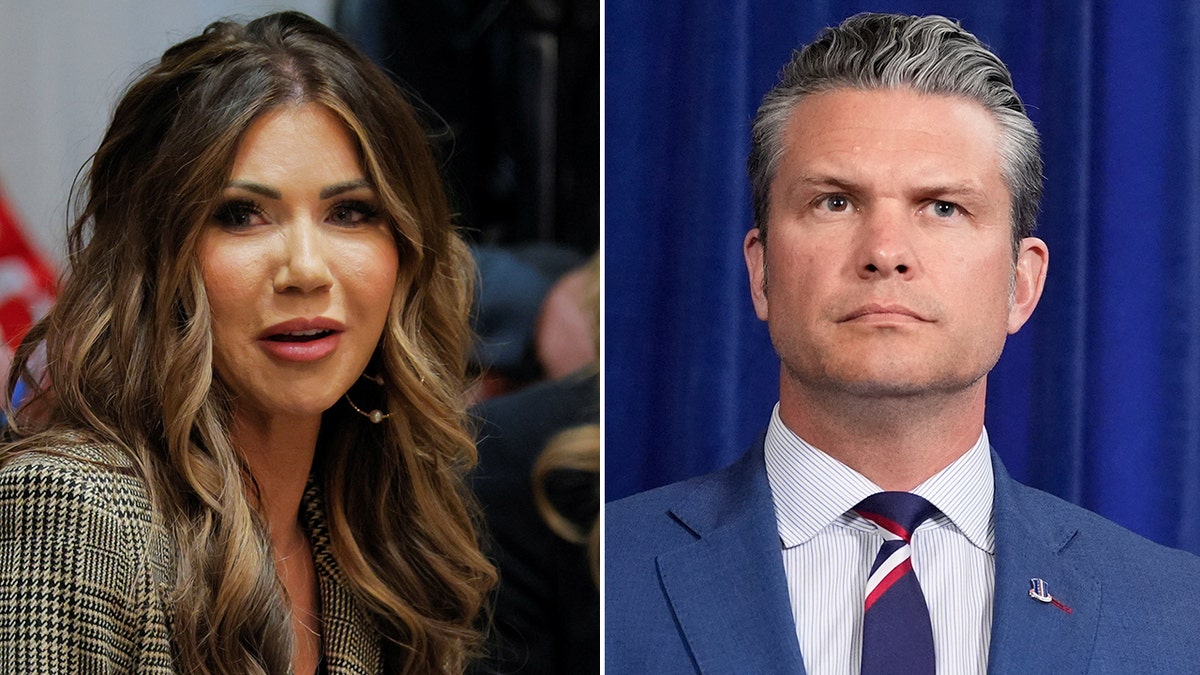 A split image showing Kristi Noem and Pete Hegseth