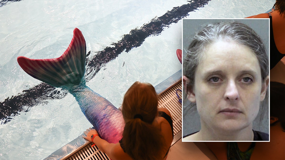 Background, women wear mermaid tails at the edge of a swimming pool, inset, booking photo of Erin Elizabeth Sutton, 41