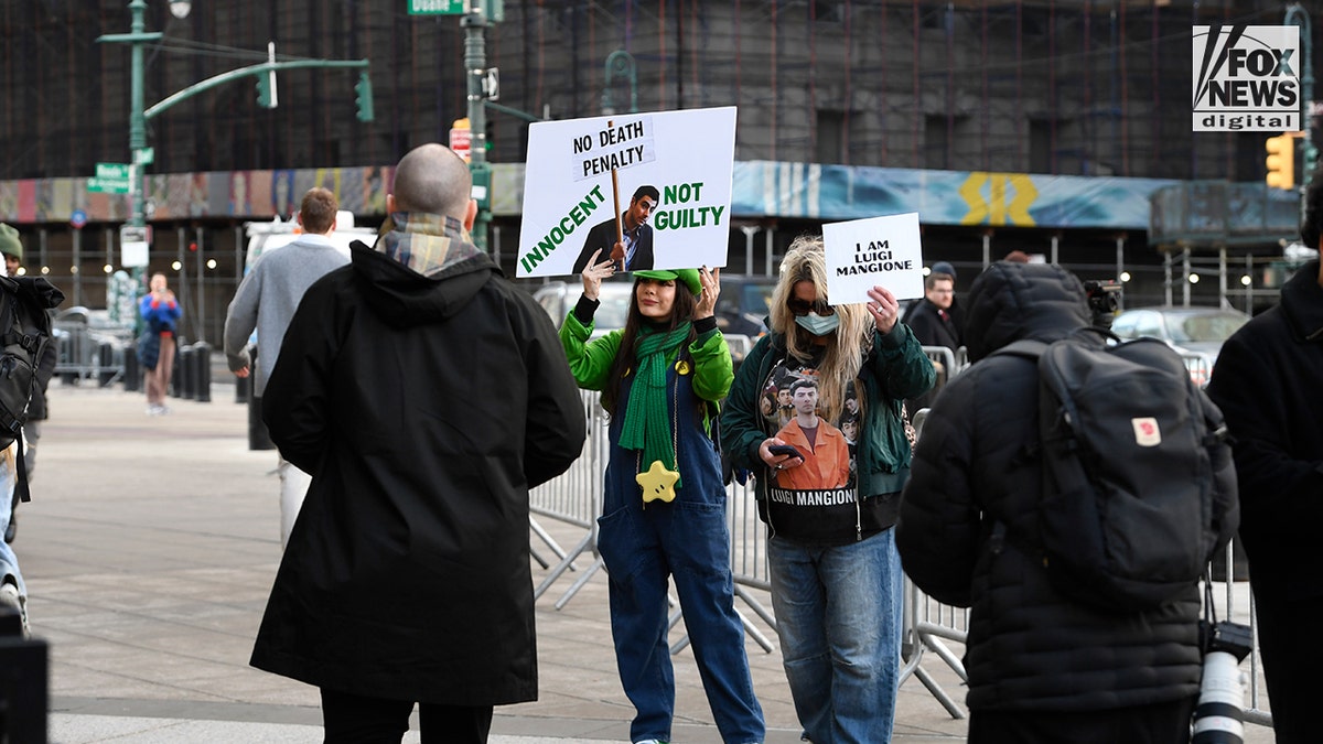 Luigi Mangione supporters hold signs