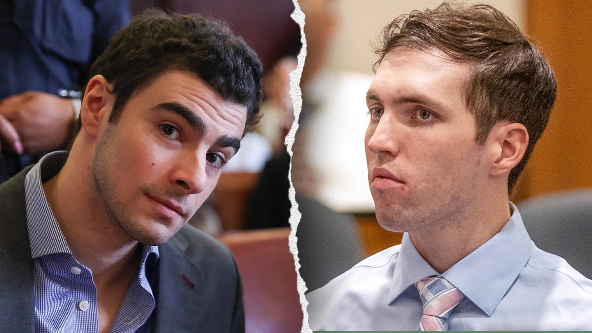 A split image showing accused assassins Luigi Mangione and Tyler Robinson in court