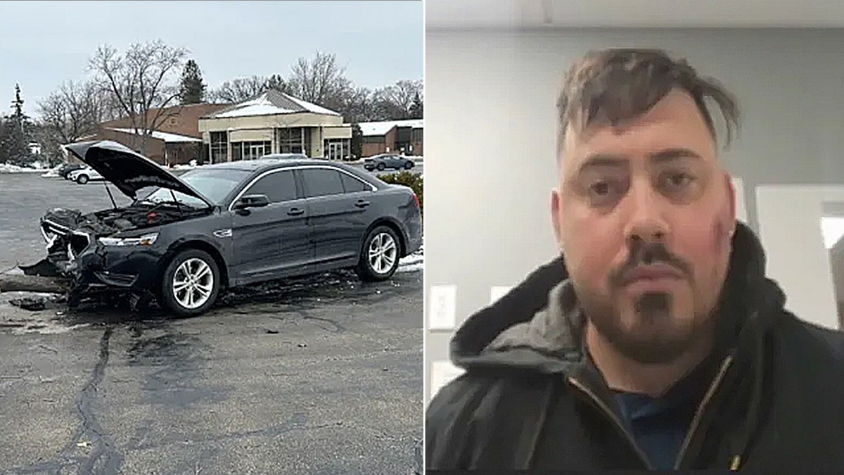 split photo of a mug shot and dark colored car with severly damaged front end