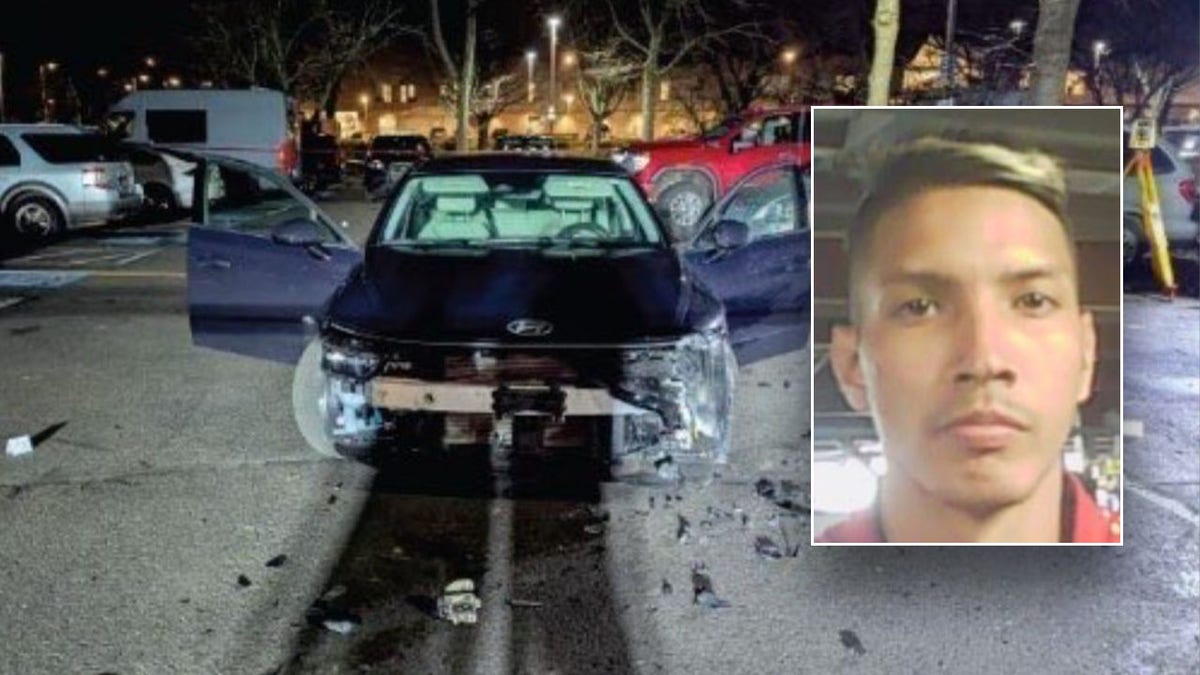 Luis Moncada and a damaged Border Patrol car 