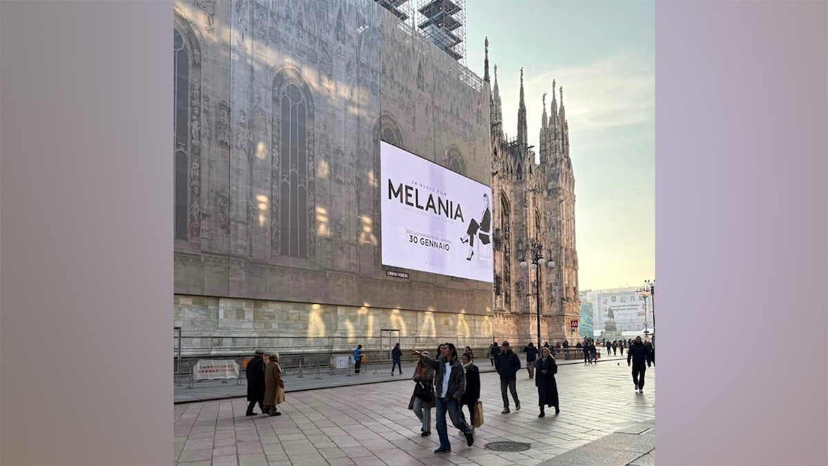 The ad campaign for 'MELANIA' the movie on the side of the Duomo in Florence, Italy. 