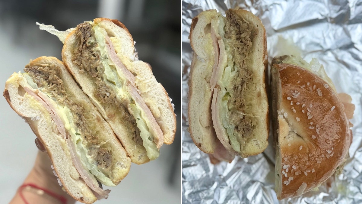 A split photograph shows the Mendoza Bros. Cubano sandwich sold at Gables Bagels in Bloomington, Indiana.
