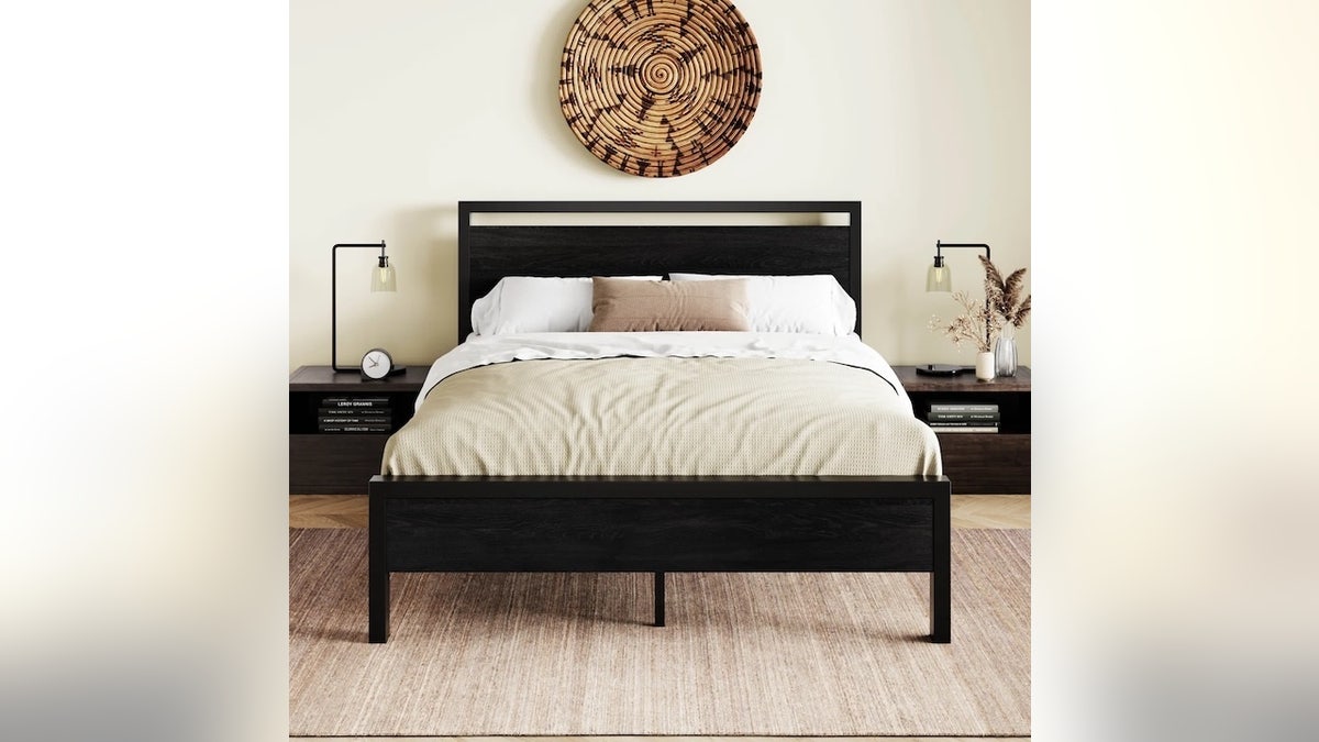 Wood and metal create a sturdy bed frame.