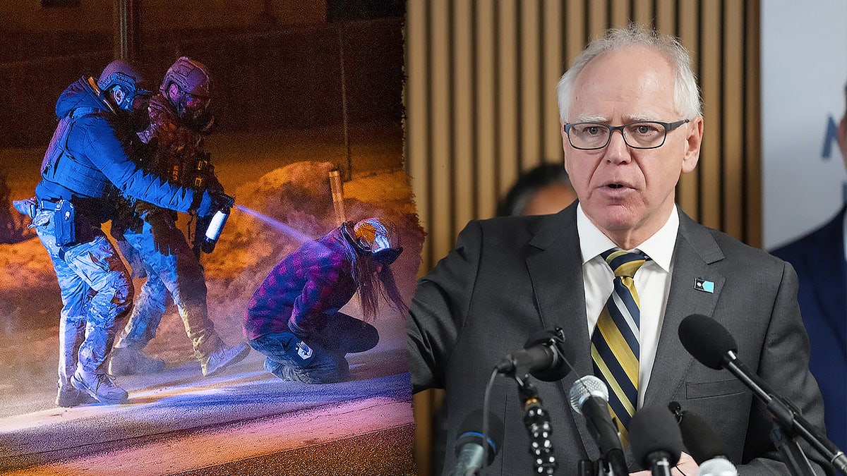 A split image of Minnesota Gov. Tim Walz and protests in Minneapolis