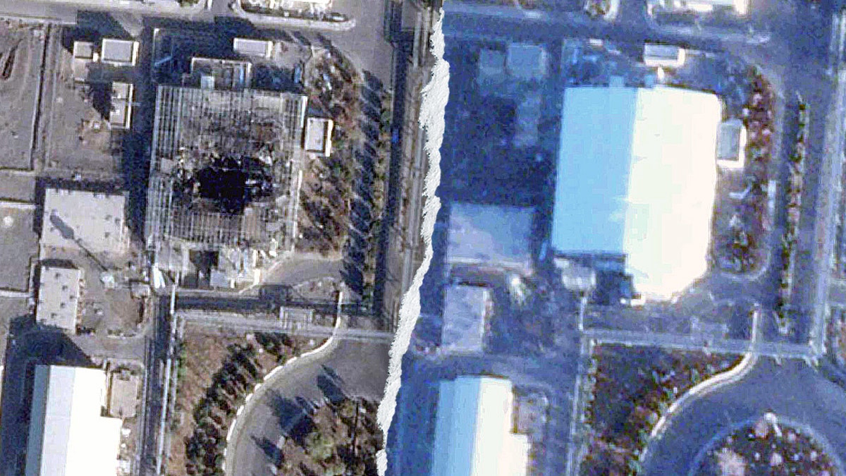 Split image showing damaged Iranian nuclear site building and new roof over it