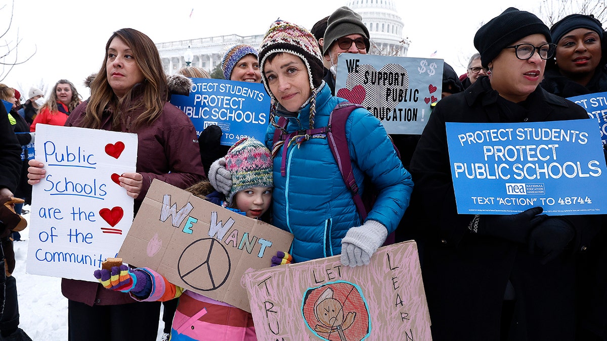NEA President Becky Pringle speaking at a public education rally outside the U.S. Capitol in Washington, D.C.