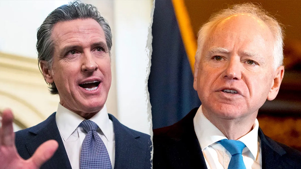 Split image Gavin Newsom and Tim Walz