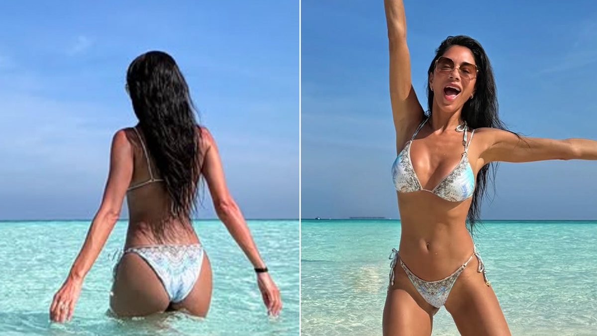 Split image shows Nicole Scherzinger from behind as she walks into the ocean in a pastel bikini and, in a second photo, posing joyfully with her arms raised in the shallow water during her Maldives vacation.