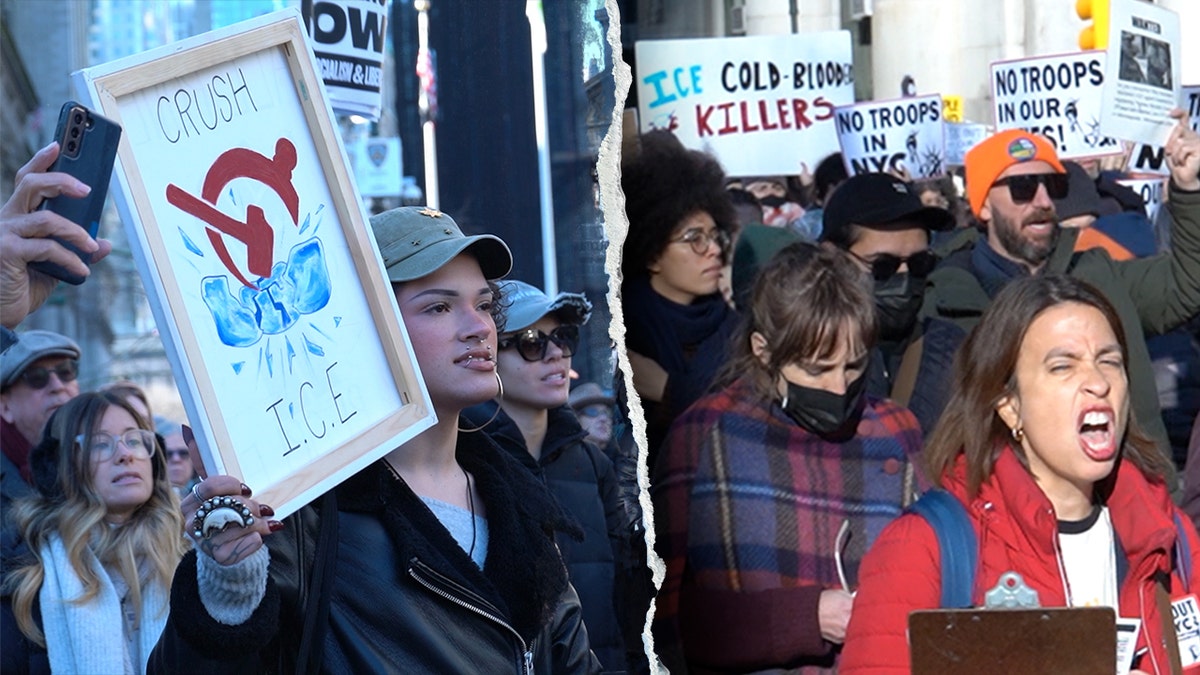 Protesters in New York City hold anti-ICE signs during a demonstration.