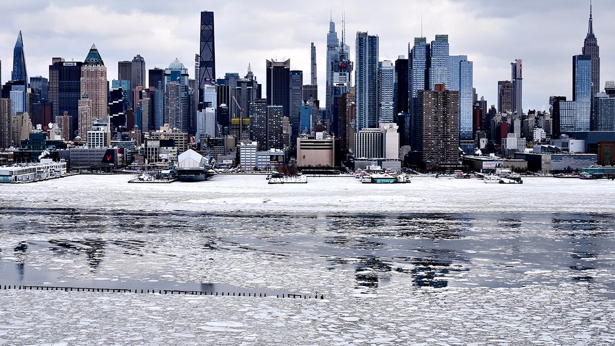 Ice floats on the Hudson River