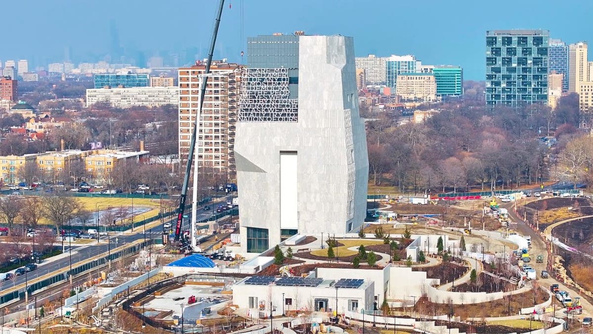 Aerial view of the Obama Presidential Center under construction in Jackson Park, Chicago.