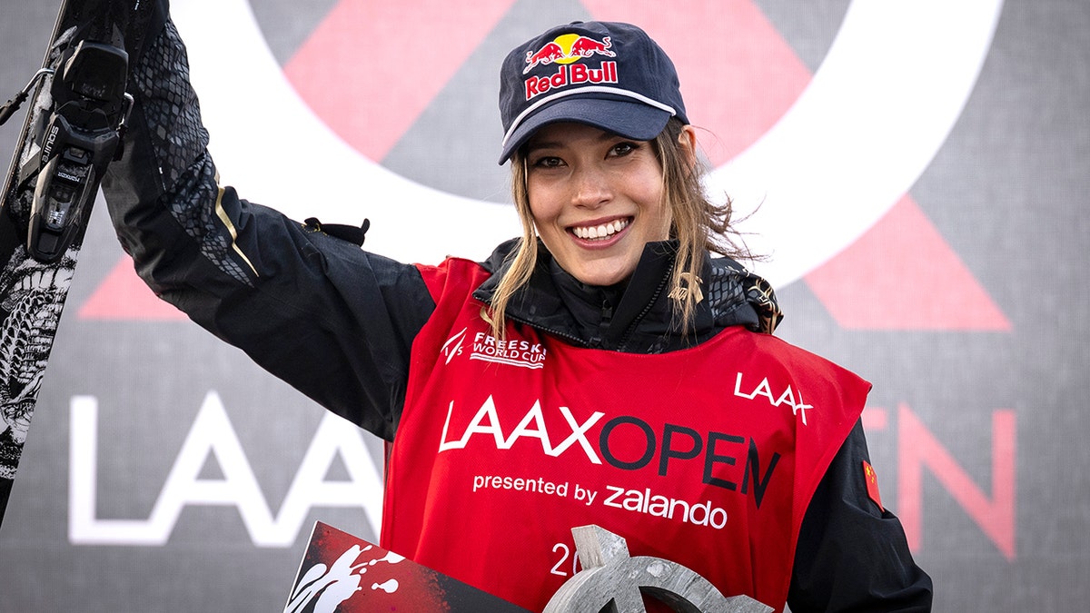 Eileen Gu celebrates podium