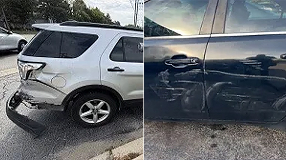 split photo with rear bumper falling off white car and black car with scratched door