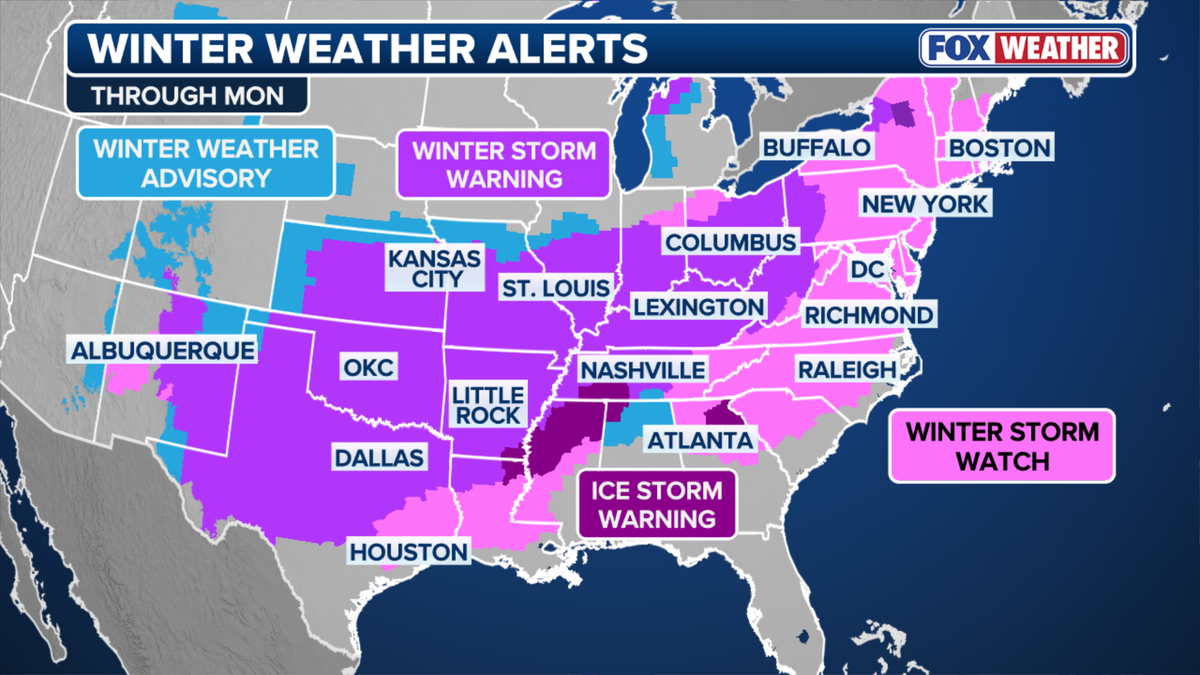 Map of winter weather advisories and warnings